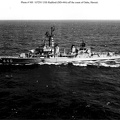 USS Radford (DD-446) underway off the coast of Oahu, Hawaii on 1 January 1968. She is in her final configuration, as fitted during her 1960 FRAM II modernization with new smokestack caps and a DASH drone helicopter hangar and flight deck.