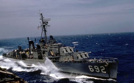 The U.S. Navy destroyer USS Allen M. Sumner (DD-692) in April 1959. The photo was taken from the aircraft carrier USS Franklin D. Roosevelt (CVA-42) during that carrier's deployment to the Mediterranean Sea from 13 February to 1 September 1959.