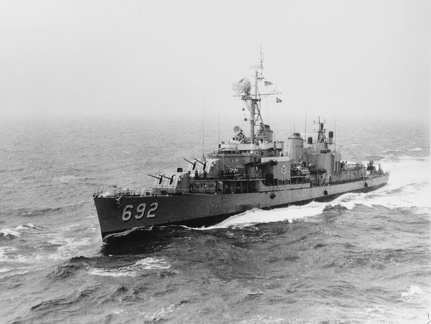 The U.S. Navy destroyer USS Allen M. Sumner (DD-692) as seen from the fast combat support ship USS Seattle (AOE-3), 28 August 1970.