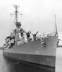The U.S. Navy destroyer USS Kenneth D. Bailey (DD-713) upon delivery at the Federal Shipbuilding & Drydock Company, Kearny, New Jersey (USA), on 30 July 1945. She was commissioned the next day.