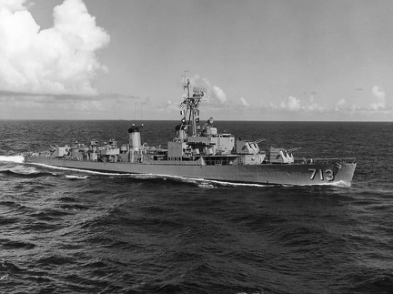 The U.S. Navy destroyer USS Kenneth D. Bailey (DD-713) underway in September 1952. She was converted to a radar picket destroyer (DDR) in 1953.