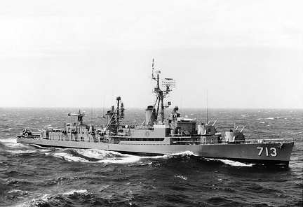 The U.S. Navy radar picket destroyer USS Kenneth D. Bailey (DDR-713) underway in the Mediterranean Sea on 24 June 1968.