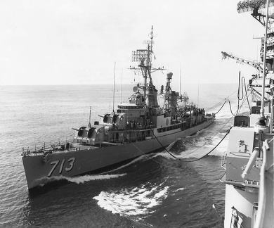 The U.S. Navy radar picket destroyer USS Kenneth D. Bailey (DDR-713) refueling from the aircraft carrier USS Franklin D. Roosevelt (CVA-42) while operating off the coast of the Dominican Republic on 20 October 1961. Note the 127 mm/54 Mark 39 gun mount